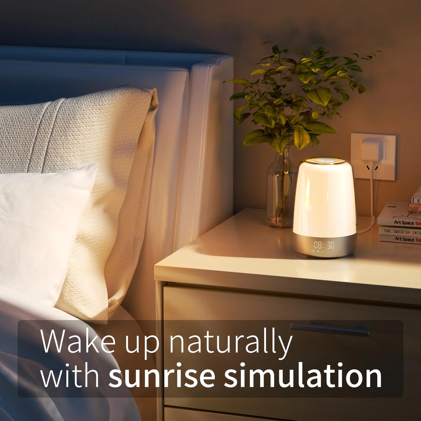 Nachttischlampe mit Sonnenaufgang-Simulation, die das Schlafzimmer allmählich aufhellt.