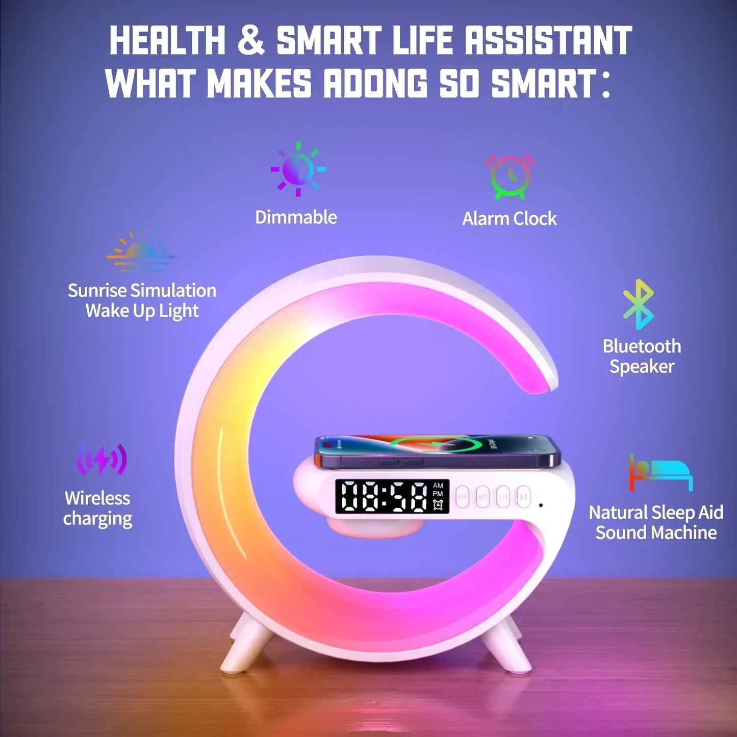 Gesundheits- und Smart-Life-Assistent mit Bluetooth Lautsprecher und Sonnenaufgangslicht.