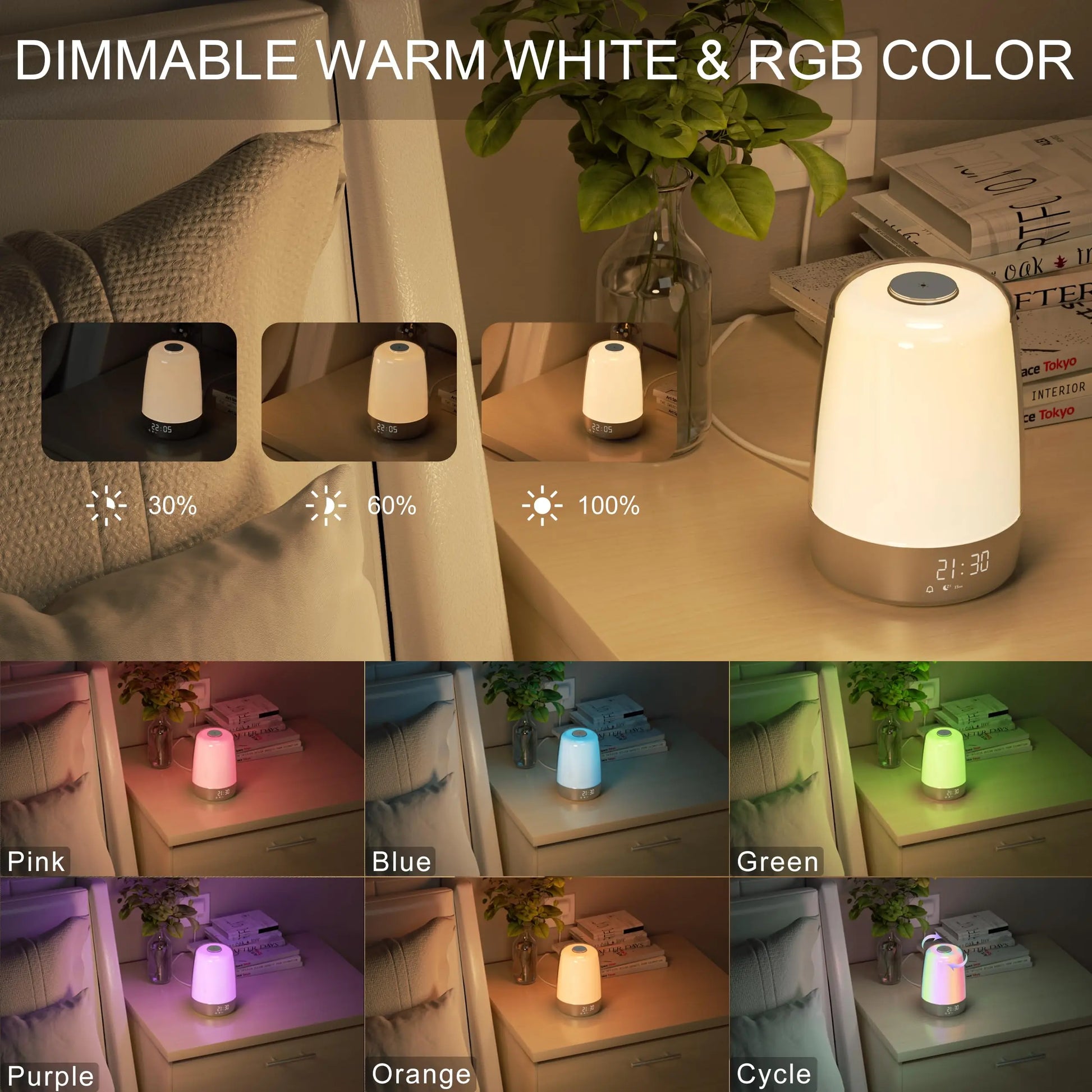 Dimmbare LED-Lampe zeigt verschiedene Farben wie Pink, Blau, Grün und Orange.