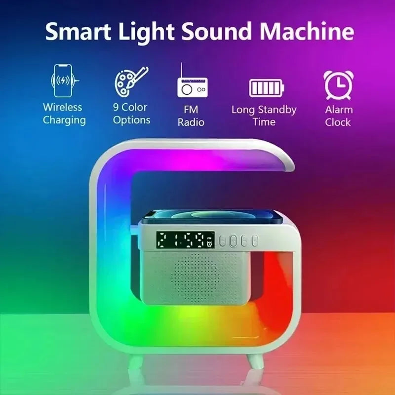 Smart Light Sound Machine mit 9 Farbmodi, FM-Radio, kabellosem Laden und Alarmfunktion, dargestellt in einem regenbogenfarbenen Design.