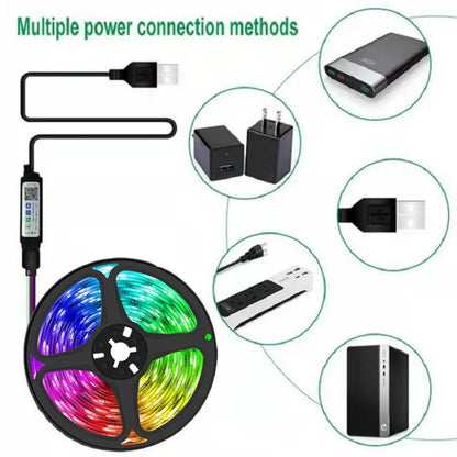 RGB-LED-Streifen mit USB-Stromanschluss und mehreren Verbindungsmöglichkeiten, kompatibel mit Powerbanks und Adaptern.