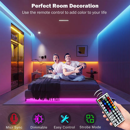 Schlafzimmer mit dimmbarer RGB LED Beleuchtung, gesteuert über Fernbedienung für perfekte Raumdekoration.