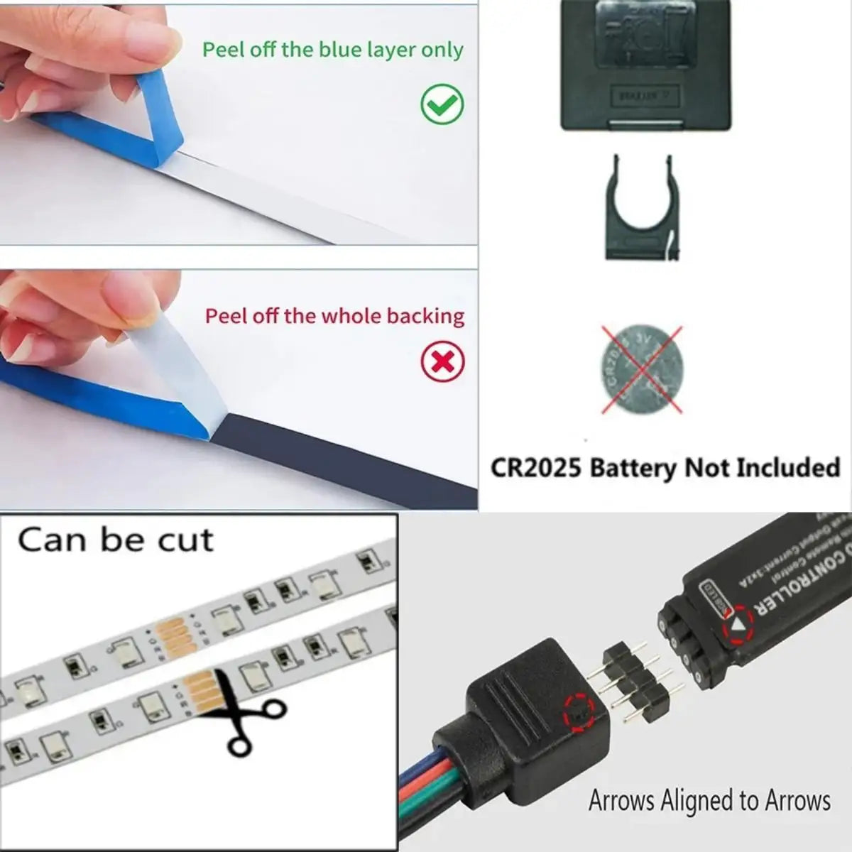 Anleitungen zum Anbringen und Schneiden von LED-Streifen, CR2025-Batterie für Fernbedienung nicht enthalten.