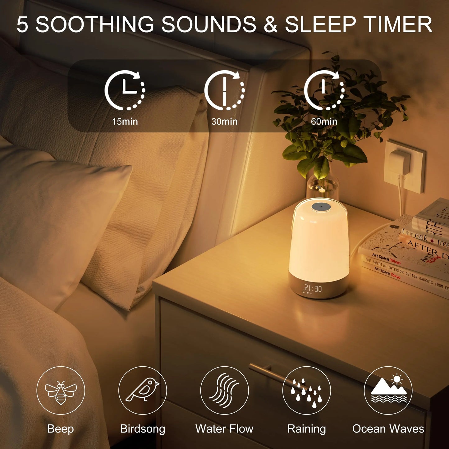 LED Sunrise Wecker mit Naturklängen und Sleep-Timer für 15, 30 oder 60 Minuten.