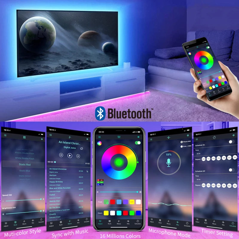 Bluetooth-gesteuerter LED-Streifen, synchronisiert mit Musik, einstellbare Farben und Timer-Einstellungen über die App.