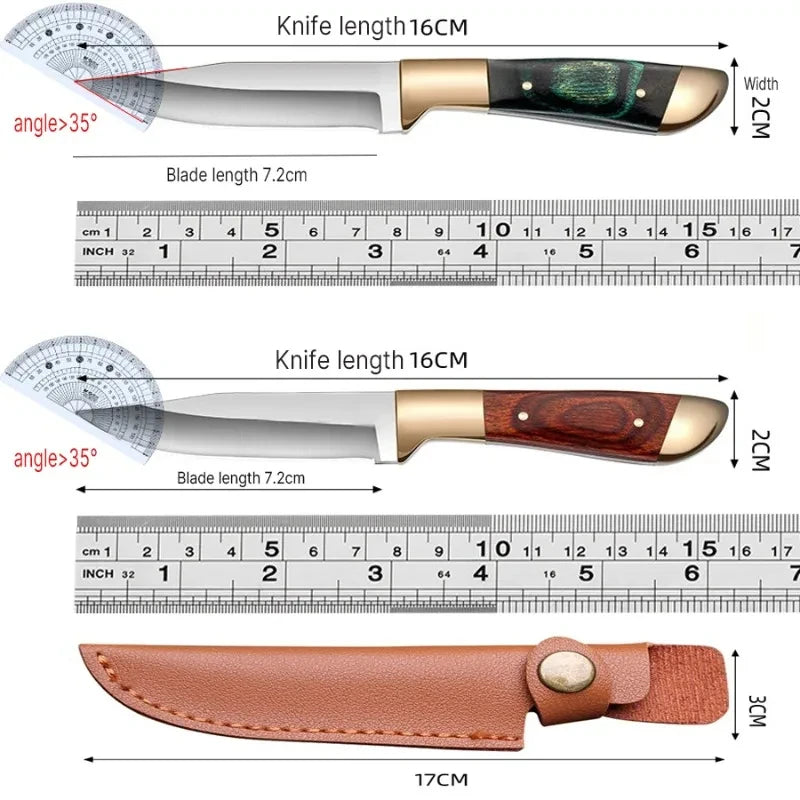 Technische Abmessungen des Messers – 16 cm Gesamtlänge, 7,2 cm Klinge, inklusive 17 cm langer Lederhülle.