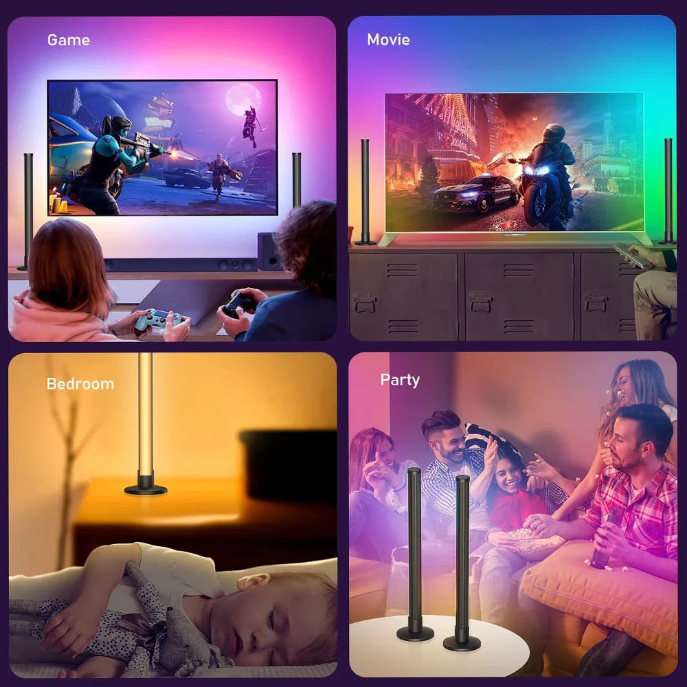 RGBIC LED-Lampen in verschiedenen Szenen wie Gaming, Filme, Schlafzimmer und Partys für stimmungsvolle Beleuchtung.