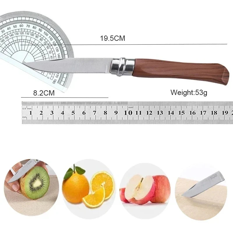 Messer mit braunem Holzgriff, offene Klinge mit Größenangaben und verschiedenen Obstsorten wie Kiwi, Orange und Apfel.