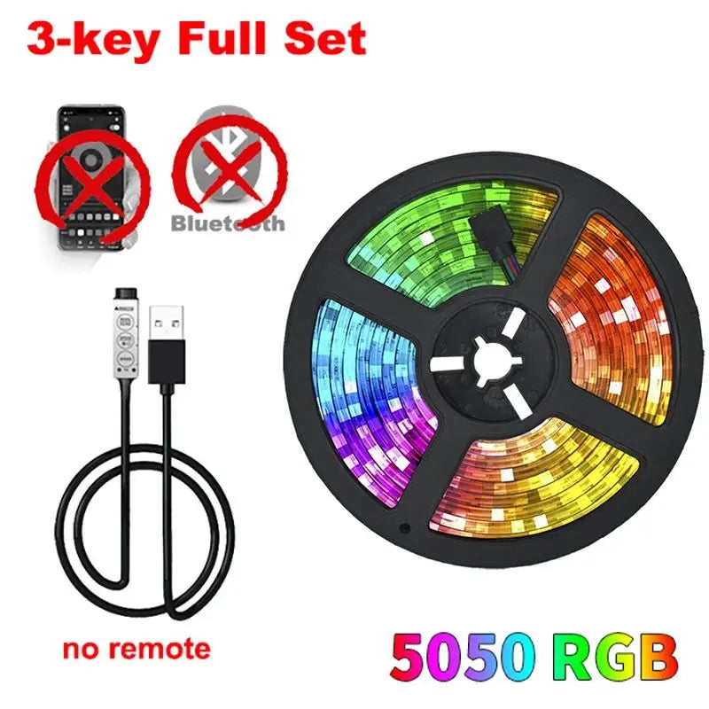 LED-Streifen-Set mit 3-Tasten-Steuerung und USB-Kabel, 5050 RGB-Chipsatz ohne Fernbedienung.