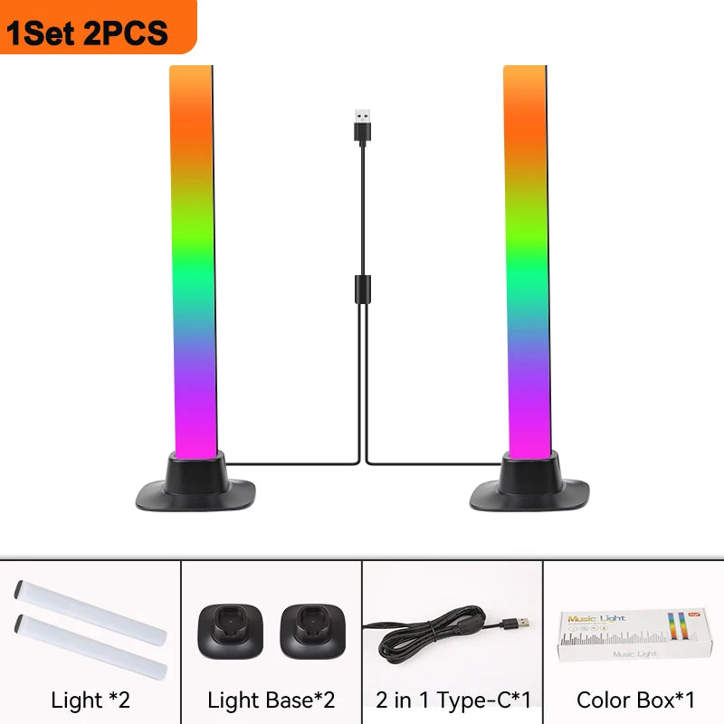 Set aus zwei RGB-LED-Lampen mit USB-Typ-C-Verbindung, inklusive Lichtbasen und Verpackung.