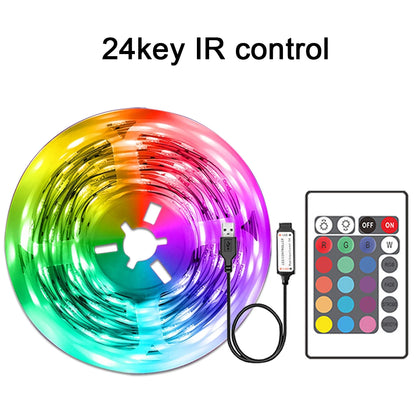 RGB LED Streifen mit 24-Tasten IR-Fernbedienung, USB-Anschluss und mehrfarbigen Beleuchtungsoptionen.