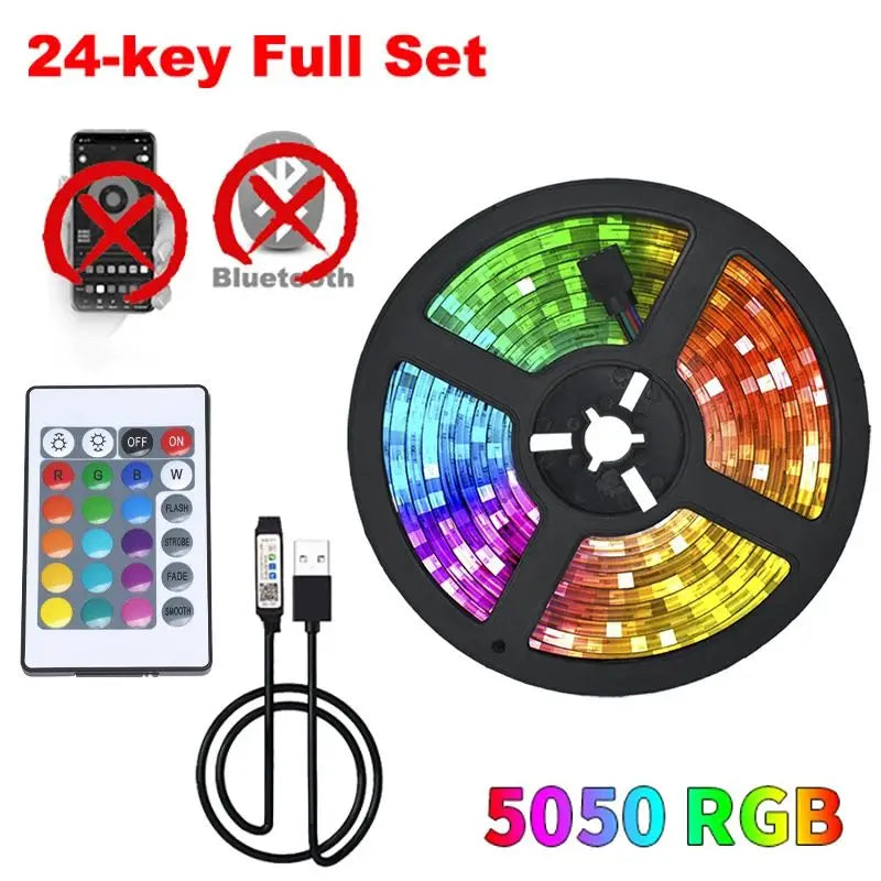 LED-Streifen-Set mit 24-Tasten-Fernbedienung und USB-Kabel, RGB-Farben und verschiedene Modi.