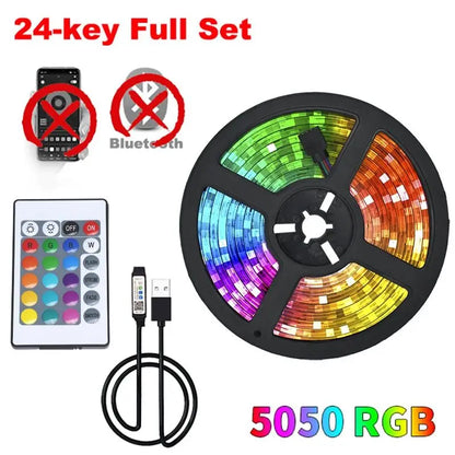 LED-Streifen-Set mit 24-Tasten-Fernbedienung und USB-Kabel, RGB-Farben und verschiedene Modi.