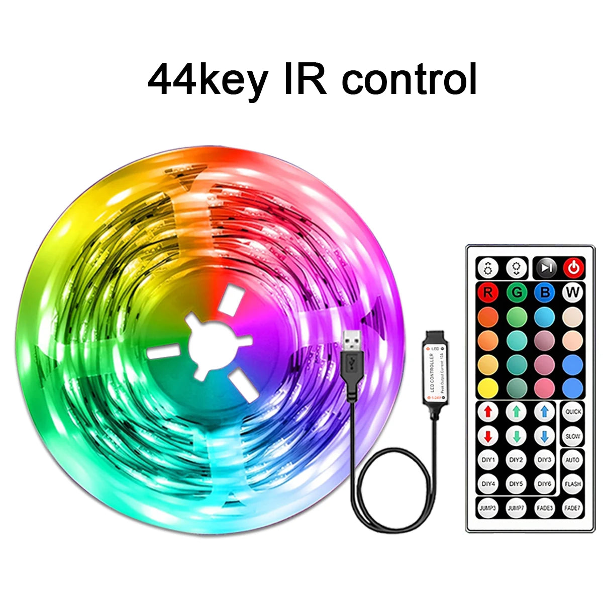 RGB LED Streifen mit 44-Tasten IR-Fernbedienung, vielseitige Farbmodi, USB-Anschluss für einfache Nutzung.