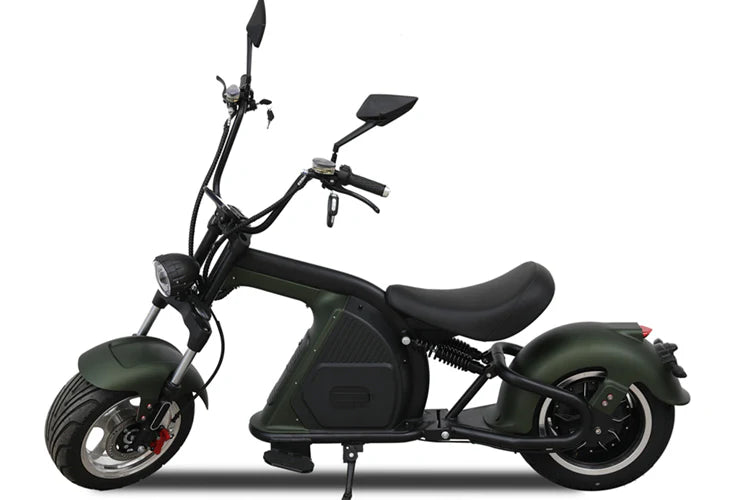 Seitenansicht des Mangosteen M8 Citycoco Scooters in Mattgrün mit 2000W Motor, großem weichen Sitz und doppelten Federstoßdämpfern.