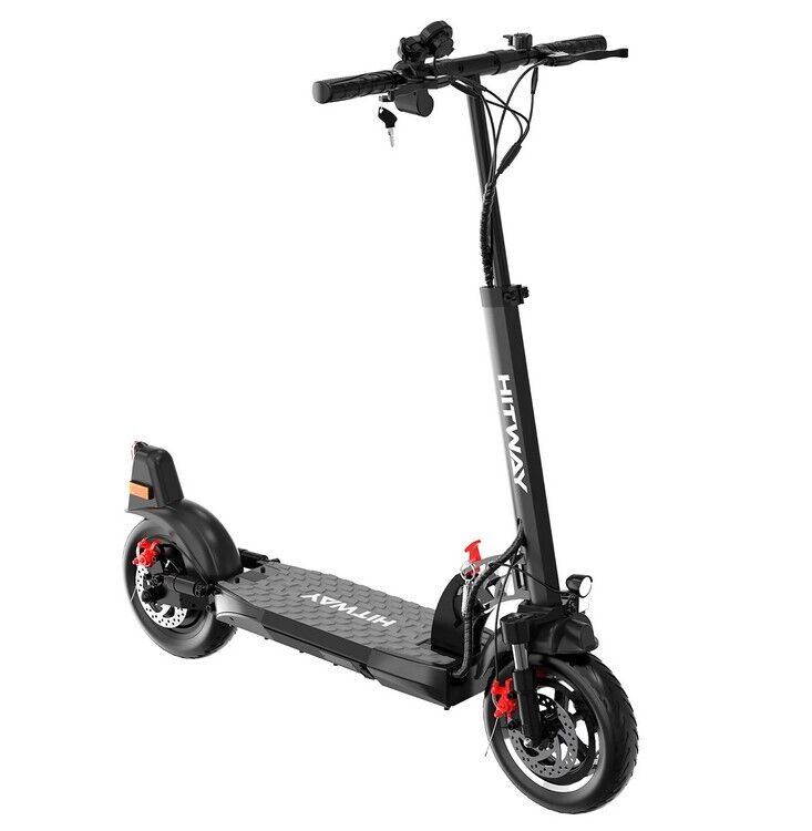 Seitenansicht des HITWAY H5-HB24ABE E-Scooters, der das schlanke und robuste Design mit den charakteristischen roten Scheibenbremsen und dem breiten Trittbrett zeigt.