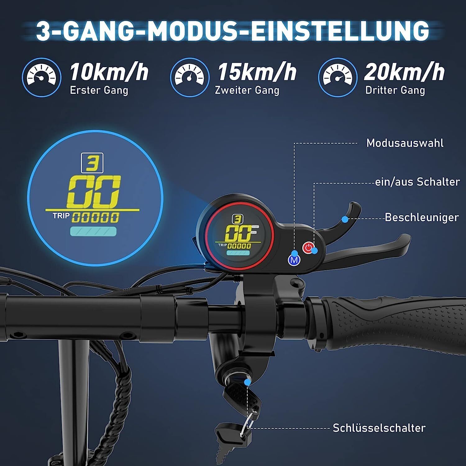 Nahaufnahme des Steuerdisplays des HITWAY H5-HB24ABE E-Scooters mit 3-Gang-Modus-Einstellungen (10 km/h, 15 km/h, 20 km/h), Modusauswahlschalter, Ein/Aus-Schalter, Beschleuniger und Schlüsselschalter.