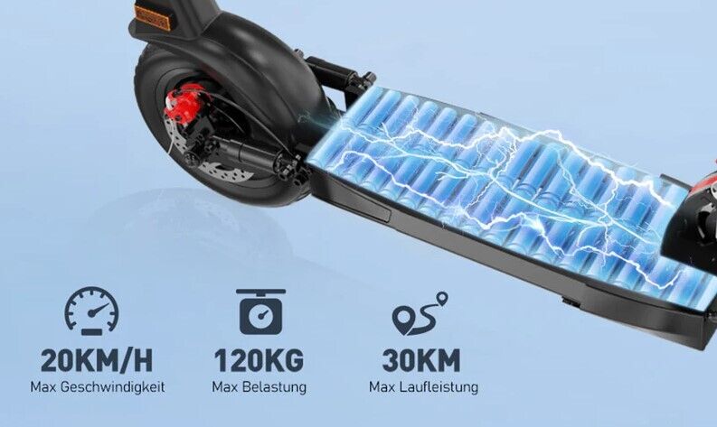 Technische Details des HITWAY H5-HB24ABE E-Scooters, die maximale Geschwindigkeit von 20 km/h, maximale Belastung von 120 kg und maximale Laufleistung von 30 km anzeigen.