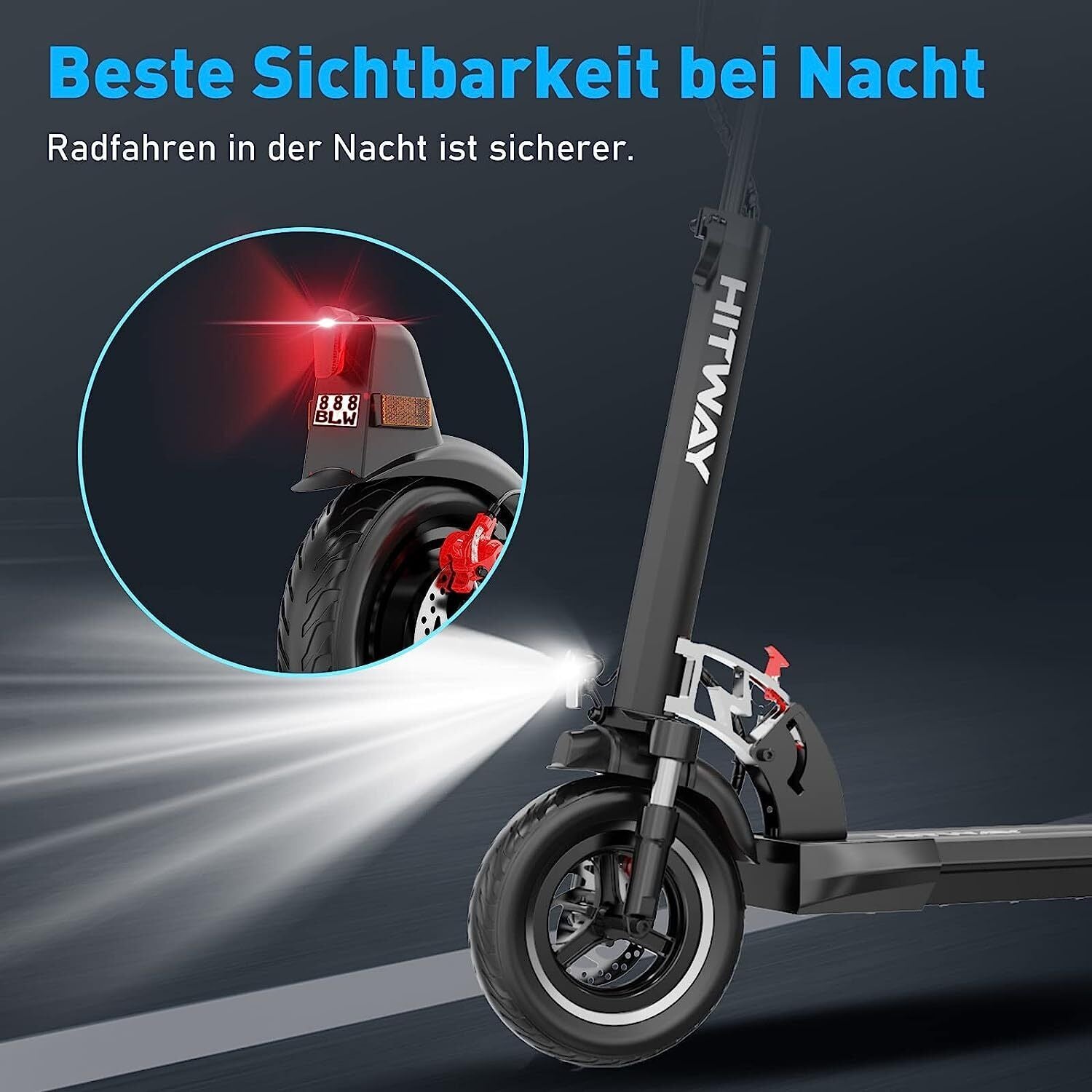 Der HITWAY H5-HB24ABE E-Scooter mit eingeschaltetem Frontlicht und Rücklicht, ideal für beste Sichtbarkeit und Sicherheit bei Nachtfahrten.