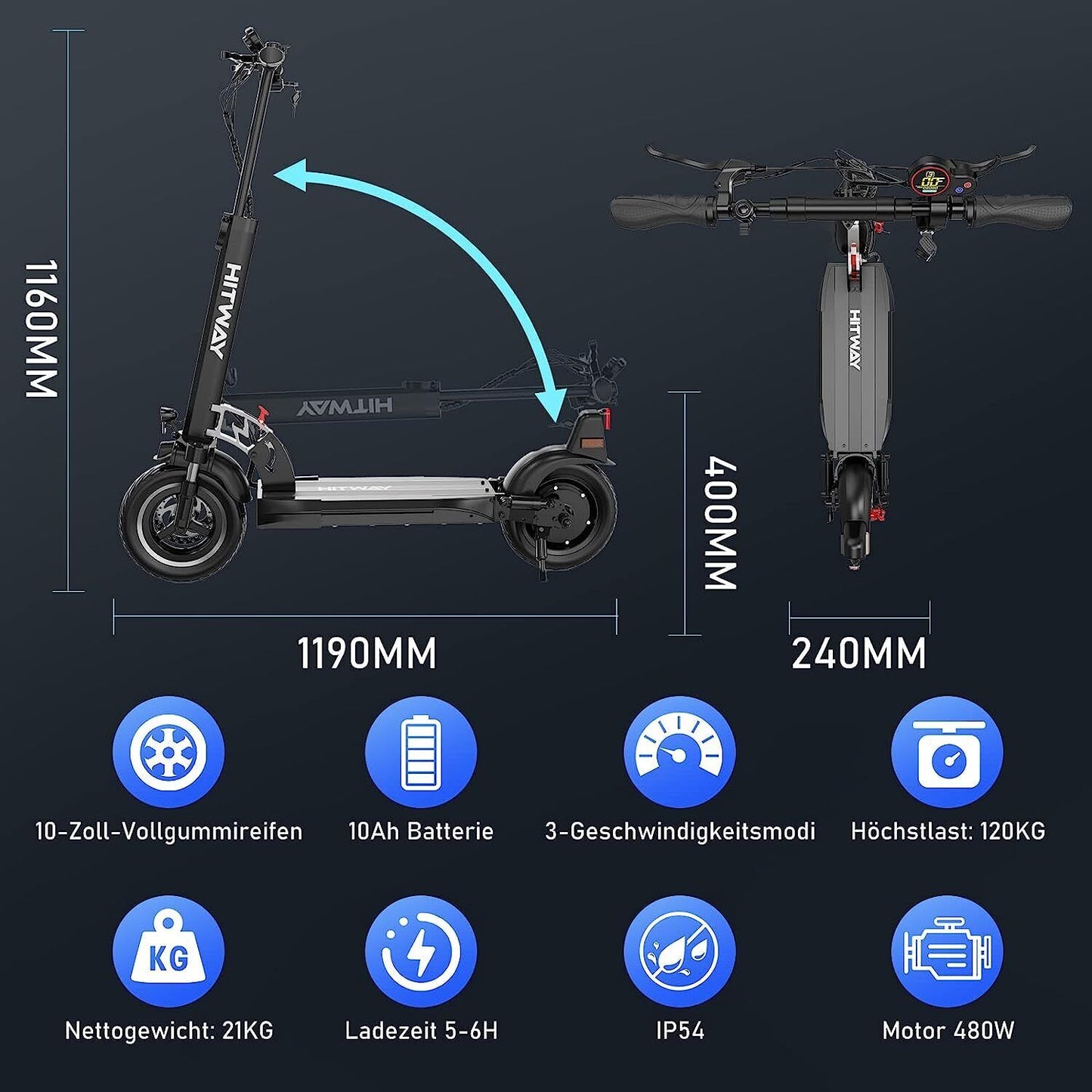 Technische Zeichnung des HITWAY H5-HB24ABE E-Scooters mit den Abmessungen 1190 mm Länge, 240 mm Breite und 1160 mm Höhe, sowie Symbolen für 10-Zoll-Vollgummireifen, 10AH Batterie, 3-Geschwindigkeitsmodi, maximale Traglast von 120 kg, Nettogewicht von 21 kg, Ladezeit von 5-6 Stunden, IP54-Schutz und 480W Motor.