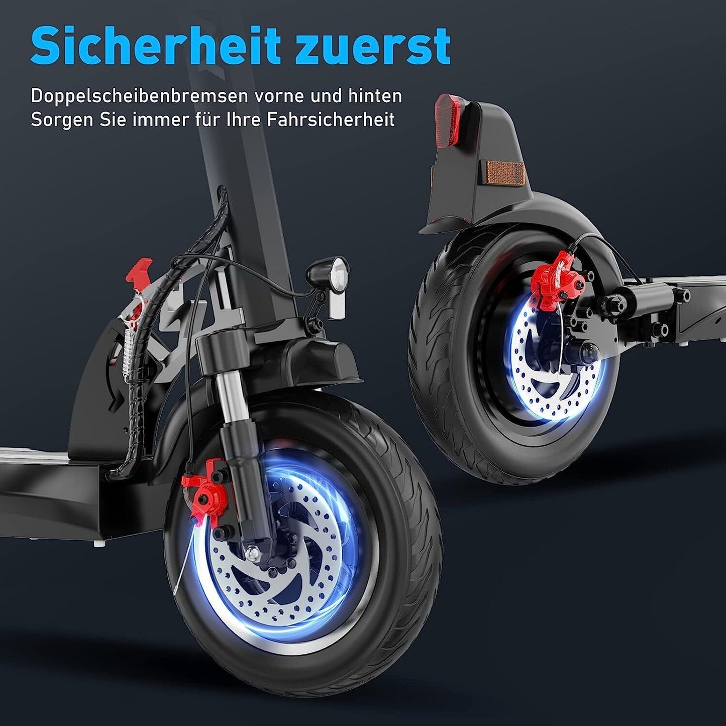 Nahaufnahme der Doppel-Scheibenbremsen des HITWAY H5-HB24ABE E-Scooters, die Sicherheit durch effizientes Bremsen vorne und hinten gewährleisten.